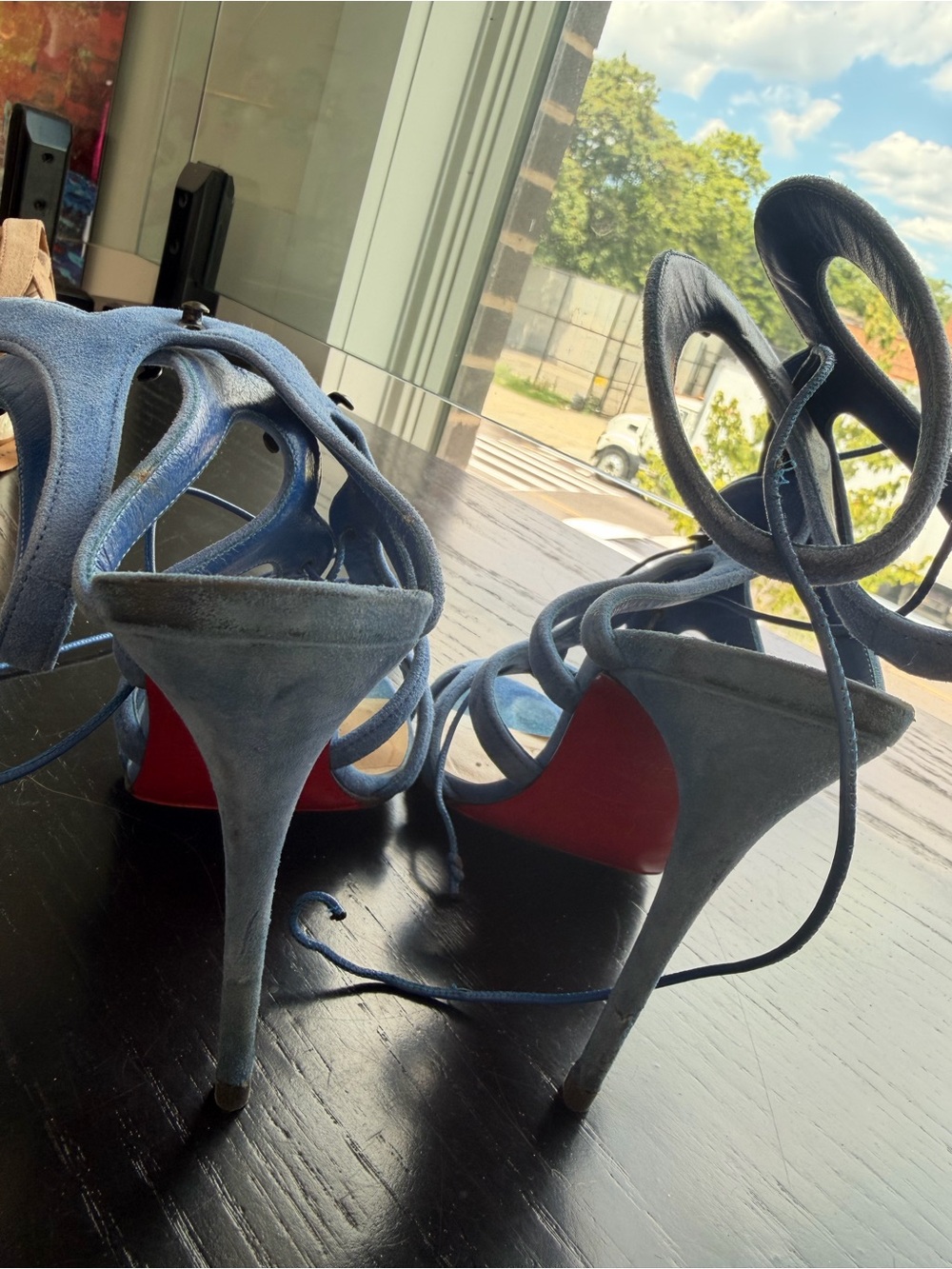 Christian Louboutin AMAZOULO Blue Suede Lace Up High-Heel Sandals 100MM, 38.5 ๐ - Picture 8 of 8